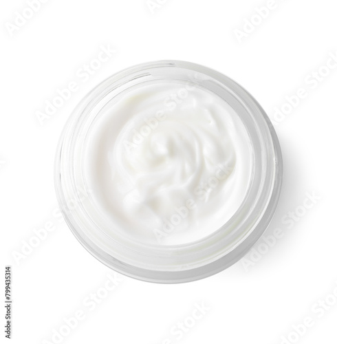 Jar of body care cream isolated on white, top view