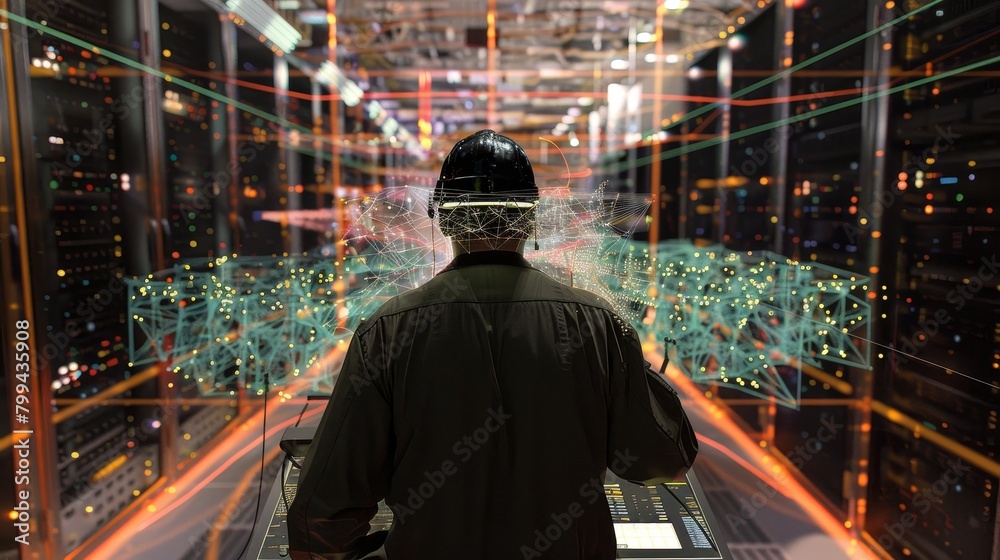 Tech Troubleshooting Expert in Data Center Resolves Network Issue on Futuristic Holographic Console Rear View Technician Image Tech Troubleshooting Expert in Data Center Resolves Network Issue on Futuristic Holographic Console Rear View Technician Image