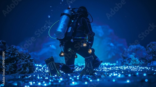 Glowing Bioluminescent Night Dive Technical Diver Prepares for Underwater Adventure