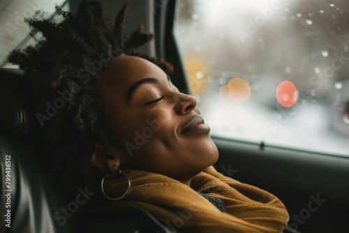 A moment of tranquility captured as a person unwinds in the backseat of a car while rain pours down the window, creating a serene atmosphere
