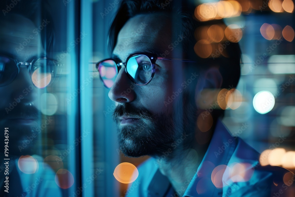 An artistic depiction of a man's reflection on a glass pane, superimposed over a vibrant, bokeh light background An artistic depiction of a man's reflection on a glass pane, superimposed over a vibrant, bokeh light background