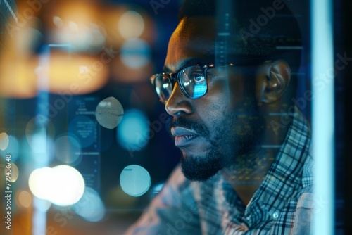Wallpaper Mural A serene profile of a man against a window pane, surrounded by the blue and orange bokeh of city lights at night Torontodigital.ca