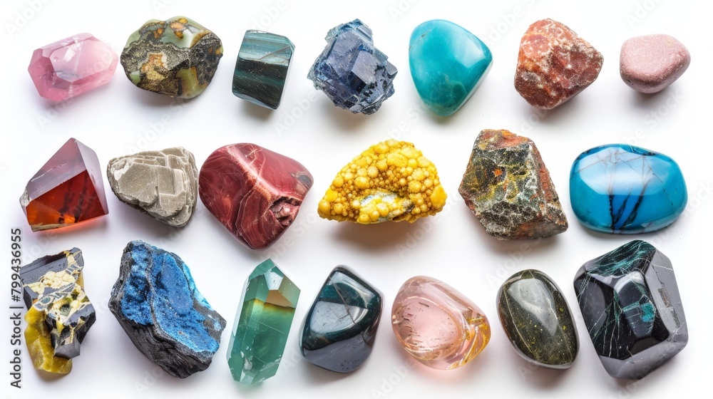 Different colored rocks and stones on white surface Different colored rocks and stones on white surface