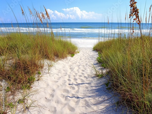 A beach with a path leading to the water. The path is lined with tall grass and the ocean is in the background