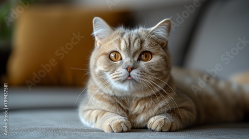 Sleek Scottish Fold Cat Sitting on Plain Background, © Muhammad