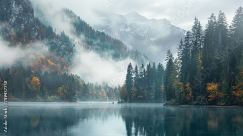 Lake with trees and mountain backdrop