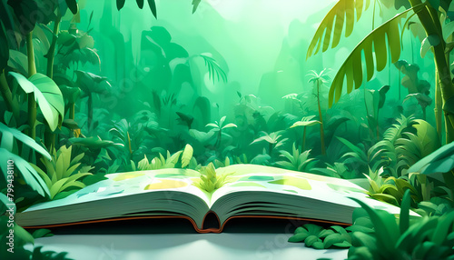 Wand Dekoration Kinderzimmer Kinderbuch PopUp Buch geöffnet mit grünen Dschungel dichter Pflanzen bunter Hintergrund, Erlebnis Entdeckung für Kinder Literatur Vorlage 