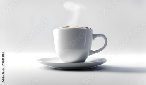 dampfende wei  e Kaffee Tasse mit Untertasse gef  llt mit warmen frischen Cappuccino mit Milchschaum zum trinken Fr  hst  ck cafe Getr  nk isoliert Espresso italienisch Hei  getr  nk Aroma am Morgen Pause