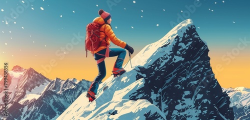 a mountaineer female climbing a challenging peak, 2d, flat, illustration, solid color.