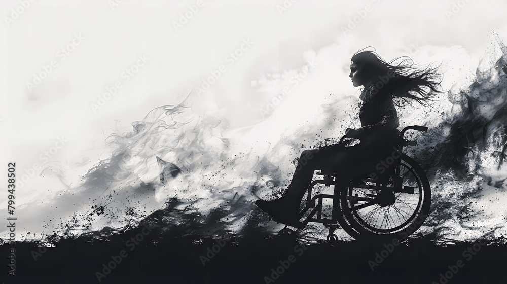 Obraz premium Silhouette of a disabled woman in a wheelchair practicing sports. Colored illustration of a person in a wheelchair. Paralympic games Paris 2024.