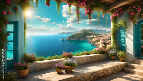 Wandbild Tapete hell beleuchtete Terrasse dicht bewachsen mit grünen Pflanzen und Blumen Blumentöpfe mit Ausblick auf mediterranes Mittelmeer Küste Sonnenschein stimmungsvolle Deko Vorlage Hintergrund photo