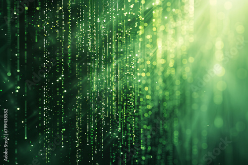 Vivid green digital rain with streaks of light and bokeh effect on a bright emerald background