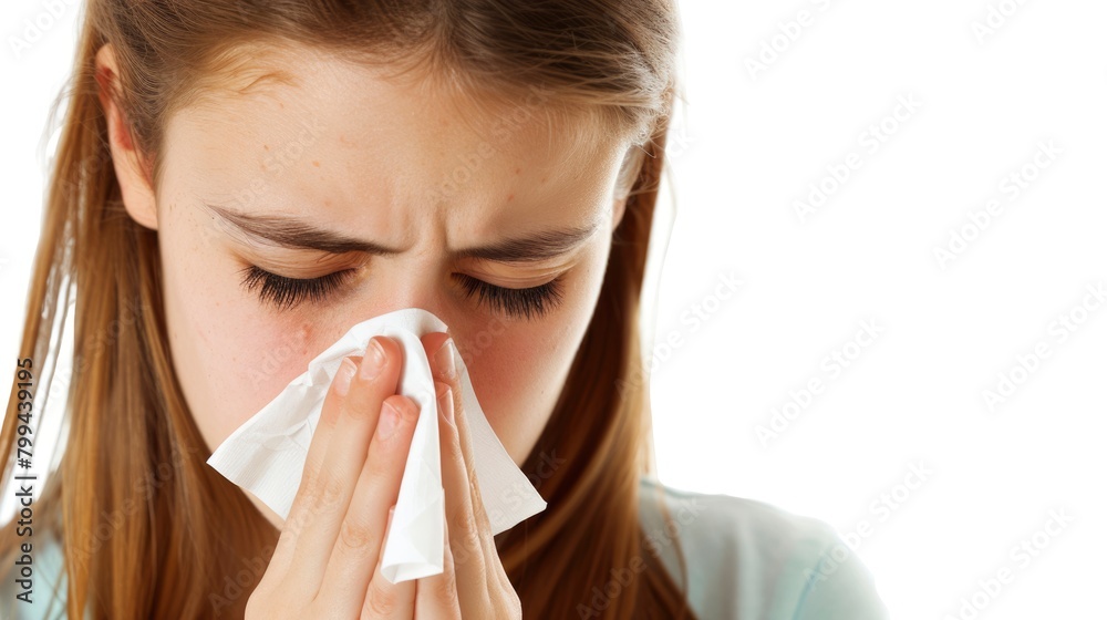 A person suffering from cold, blowing her nose into a tissue A person suffering from cold, blowing her nose into a tissue