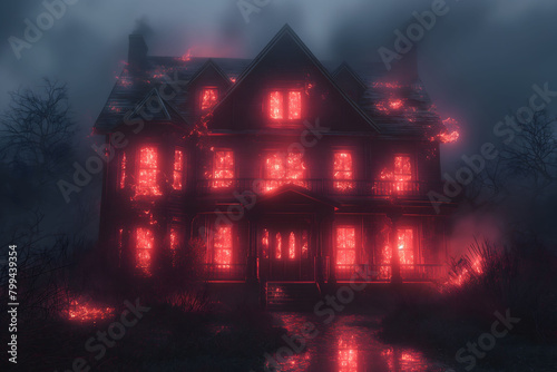 Eerie Haunted House with Sinister Red Glow at Night