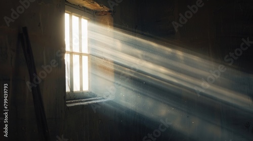 Sunlight filters through the window into a dark room as the sun sets