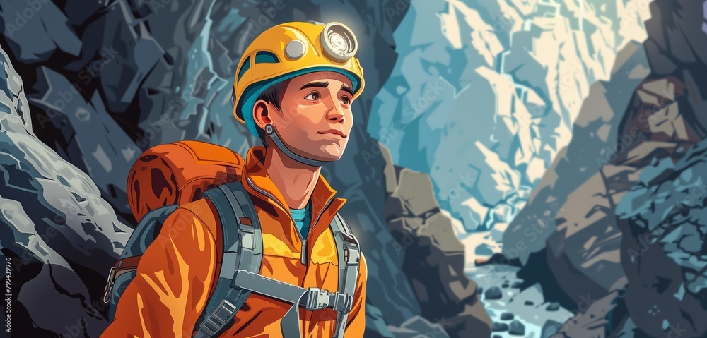 a spelunker male exploring cave systems, 2d, flat, illustration, solid color. a spelunker male exploring cave systems, 2d, flat, illustration, solid color.