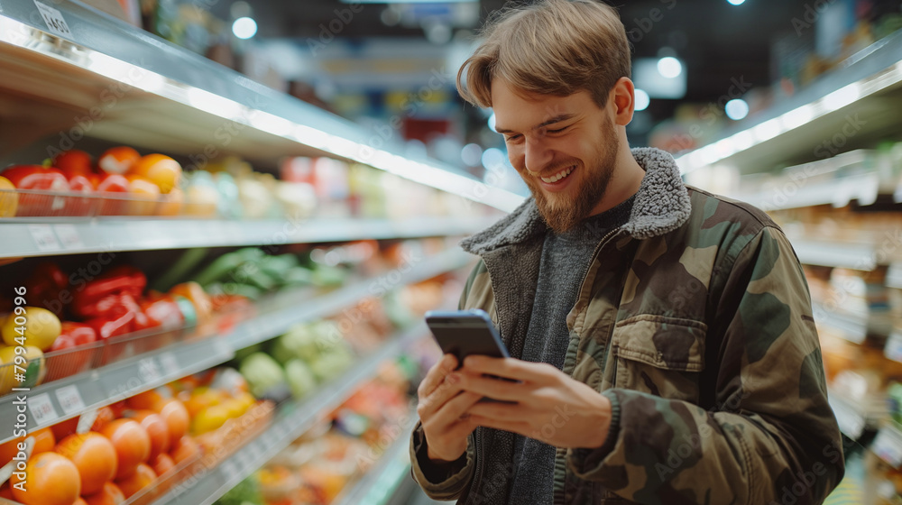 Happy man going through checklist on smart phone while shopping in supermarket.