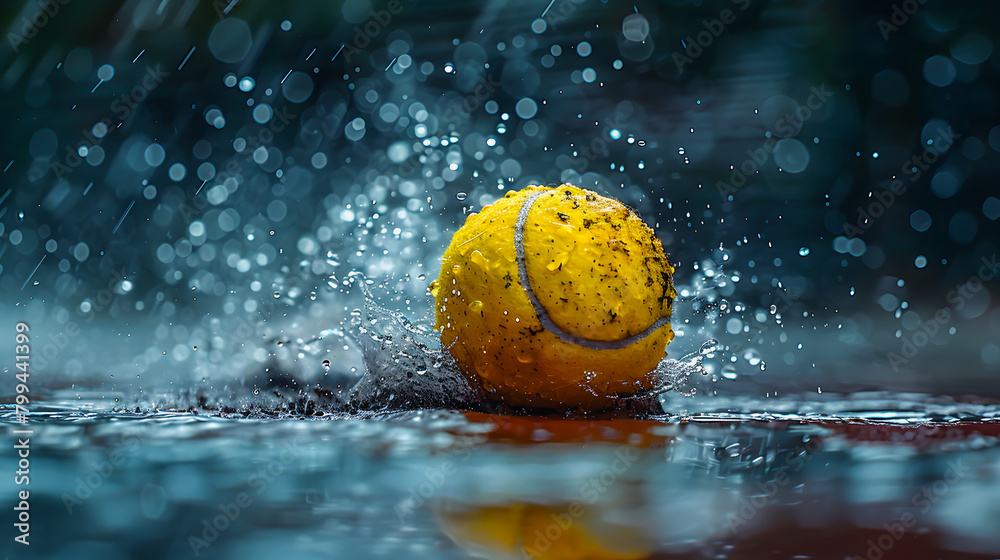 A tennis ball flying at a speed dripping with water droplets around it.