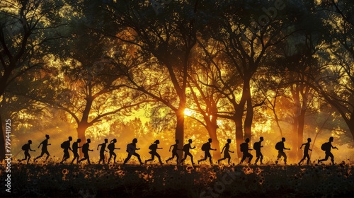 A group of people walking in the woods at sunset, AI