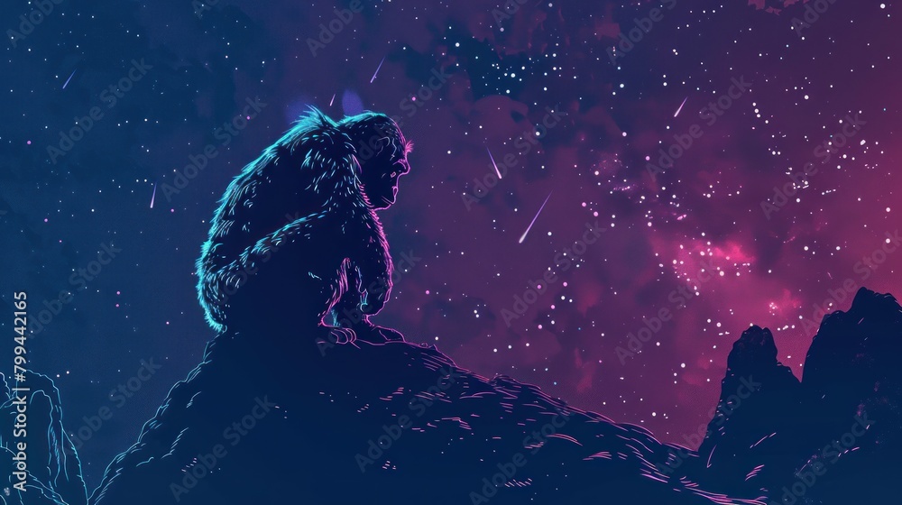 Obraz premium Stylized image of king kong observing the starry sky on a mountain peak in neon colors