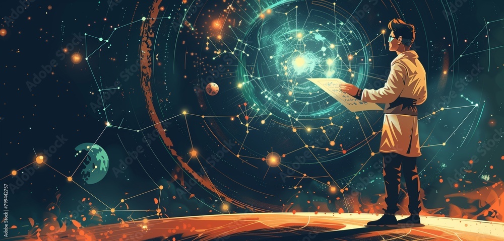 Fototapeta premium an astrologer male interpreting celestial charts, 2d, flat, illustration, solid color.