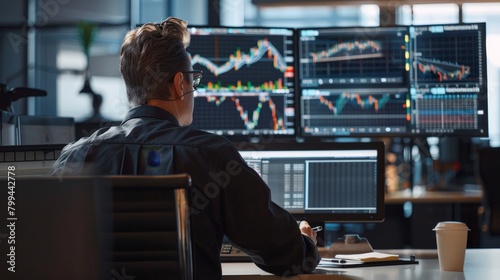 Focused Financial Analyst Analyzing RealTime Trading Data in Busy Office Environment Stock Photo