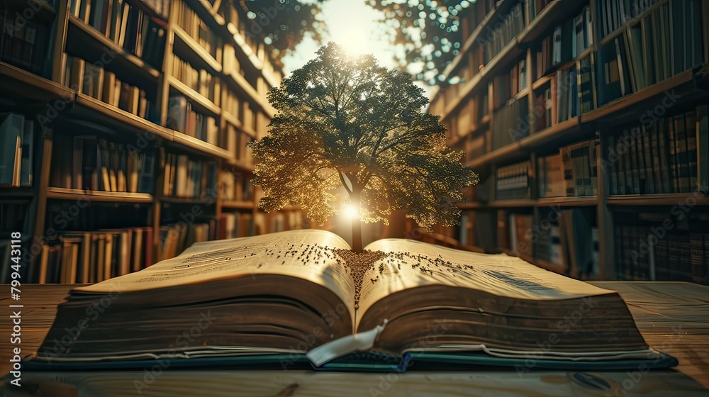 concept of education Stack of books in the library, a tree of knowledge in the opening of an old book in the library. Beautiful background concept of education Stack of books in the library, a tree of knowledge in the opening of an old book in the library. Beautiful background