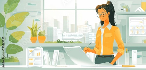 an urban planner female designing city layouts, 2d, flat, illustration, solid color. photo