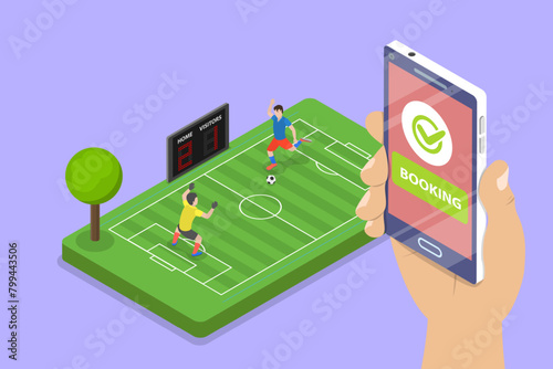 3D Isometric Flat Vector Illustration of Online Booking Of A Sports Court, Football or Soccer