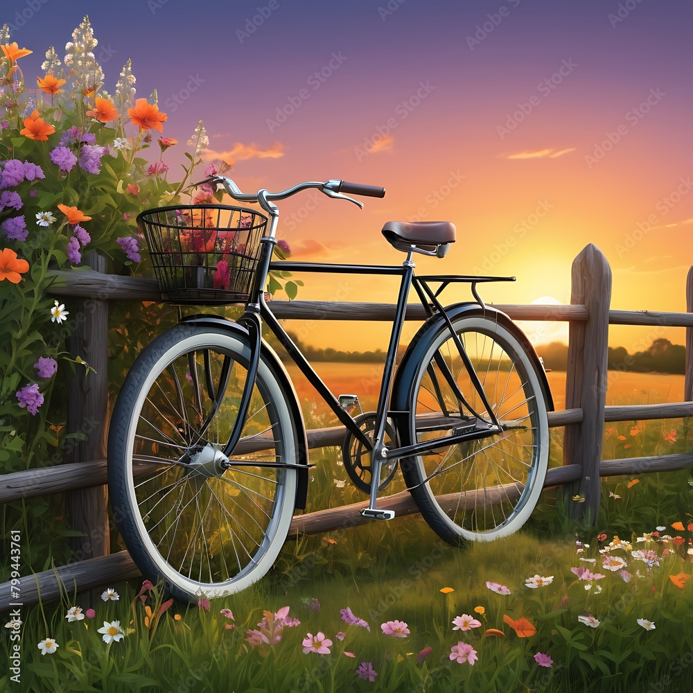 a bicycle with a basket of flowers on the front of it on a beach with birds flying in the sky above it.
