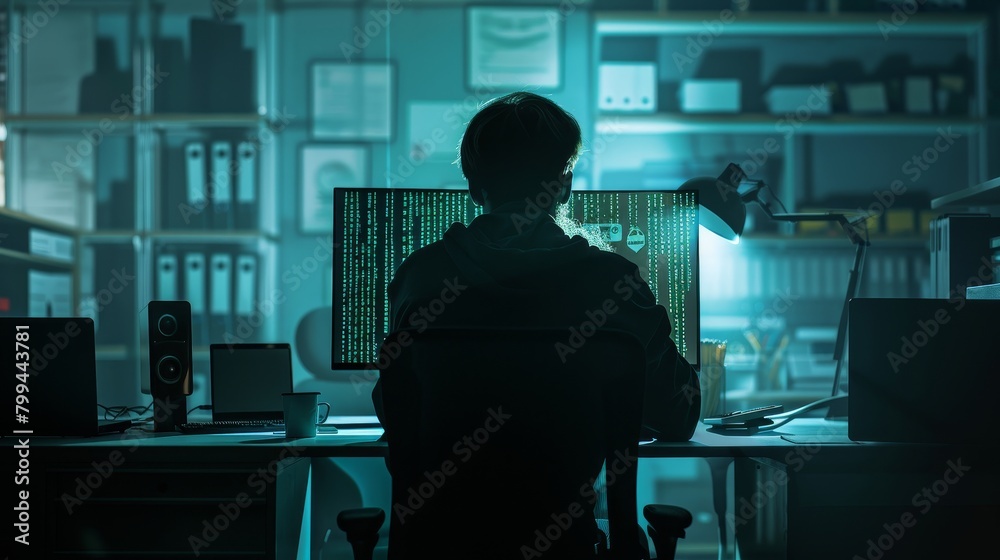 Digital Guardian Cybersecurity Specialist Analyzing Encrypted Code in Dark Office Digital Guardian Cybersecurity Specialist Analyzing Encrypted Code in Dark Office