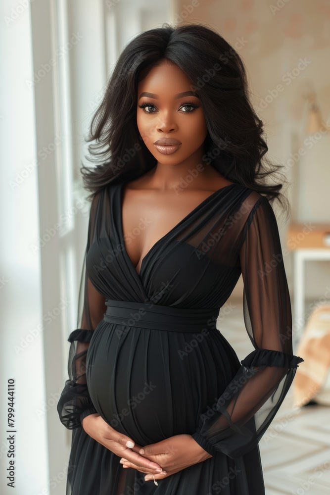 A pregnant woman in a black dress posing for the camera, AI A pregnant woman in a black dress posing for the camera, AI
