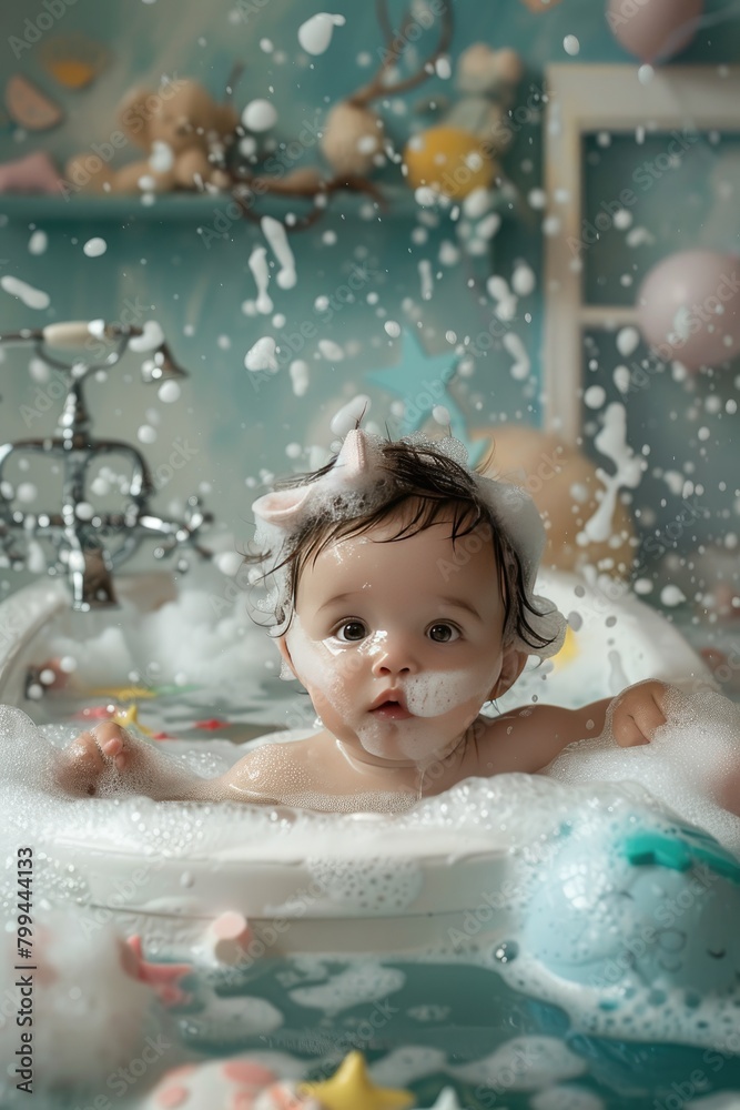 a baby bathes in a bubble bath. selective focus a baby bathes in a bubble bath. selective focus