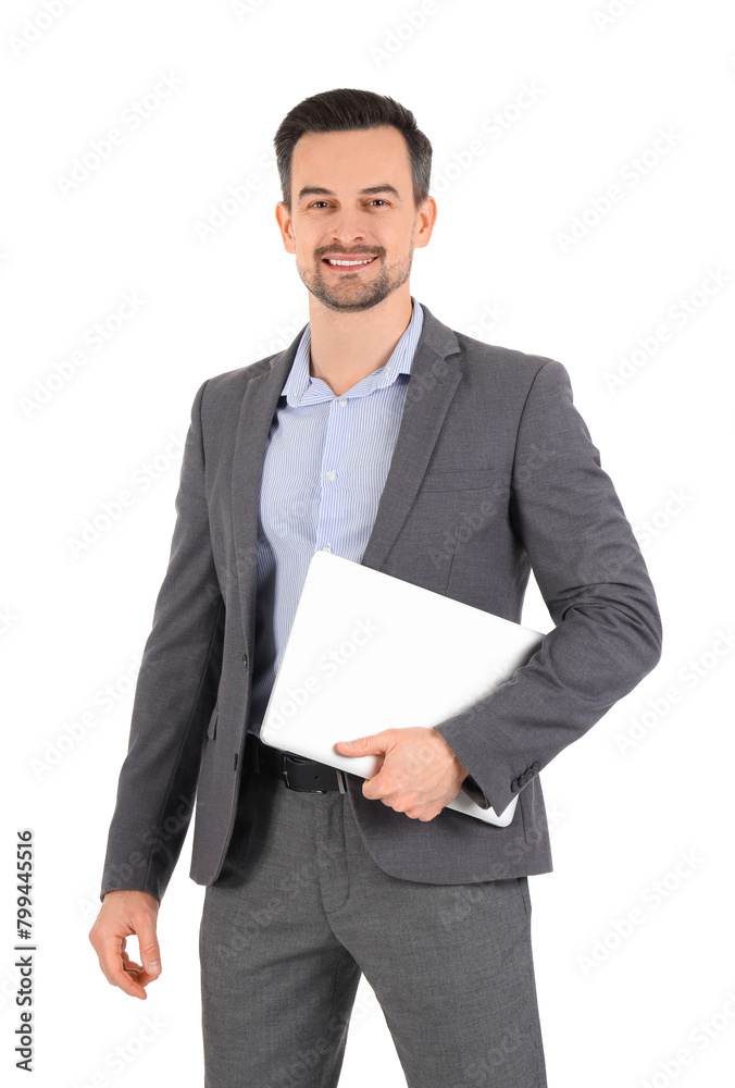 Handsome businessman in suit with laptop on white background Handsome businessman in suit with laptop on white background