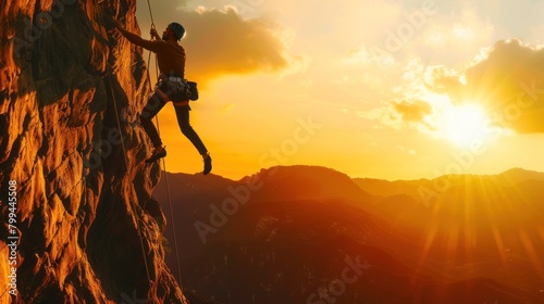 Silhouette of brave heroic man trying to climb with rope in mountain valley at sunset