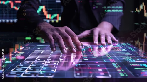 Virtual Reality Finance Silhouette of Analyst Analyzing Market Trends with Augmented Reality Keyboard and Stock Charts
