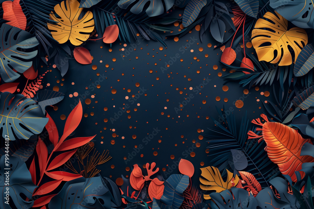Tropical leaves frame with paper art style on dark blue Tropical leaves frame with paper art style on dark blue