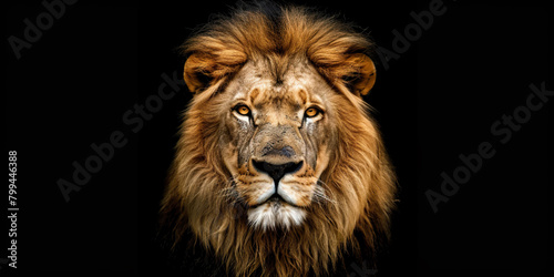 Portrait of a male lion isolated on black background