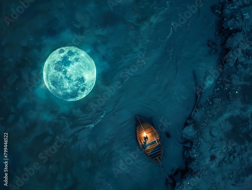 A boat floating on the ocean at night. The boat is lit by a lantern. The moon is full and bright. The water is calm and still. The sky is dark and starry.