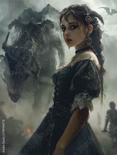 A beautiful dark haired woman in a black dress standing in front of a large black dragon