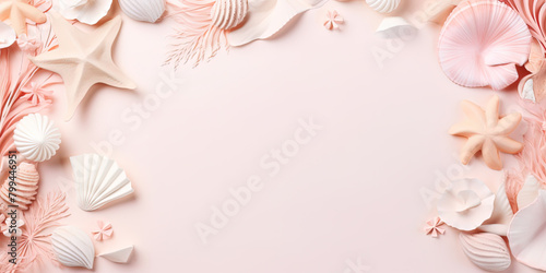 Summer vacation and holiday background, pale pink flat lay with tropical leaves and flowers, sea shells, starfish, beach accessories and copy space