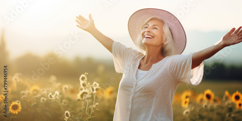 Laughing senior woman with hands up enjoy sunny summer day outdoors. Mature old woman enjoys happy and healthy life in retirement. Mental health, travel, trip, fulfilling life