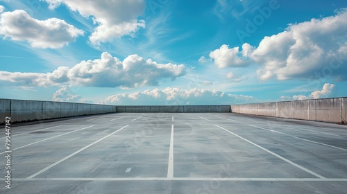 Empty concrete floor for outdoor car parking with blue sky. AI generated image photo
