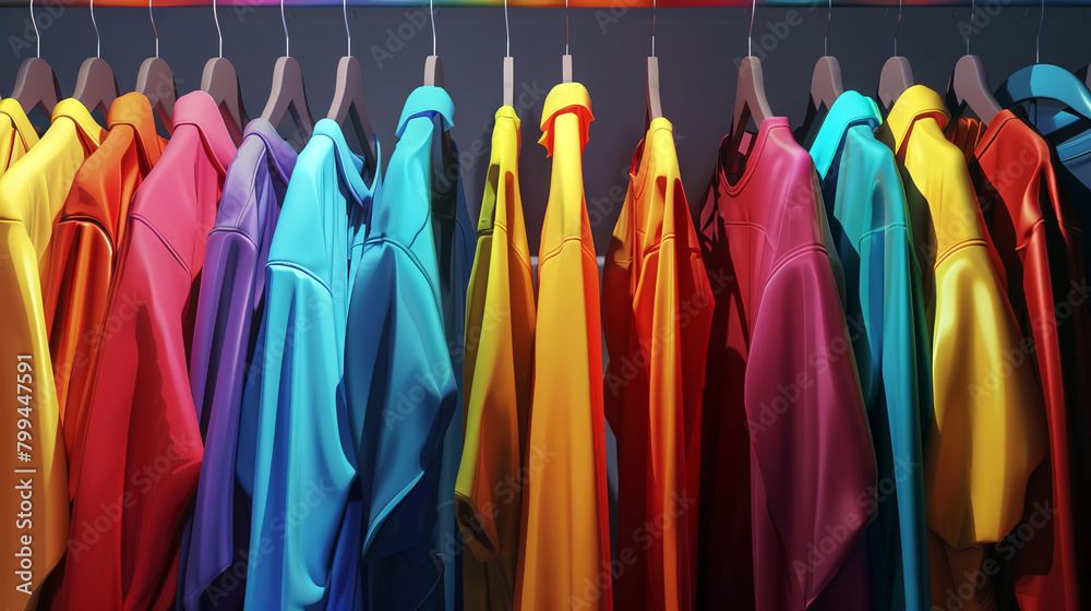 Colorful cotton shirts hanging on racks in wardrobe. T-shirts in the shopping mall. Sale concept Colorful cotton shirts hanging on racks in wardrobe. T-shirts in the shopping mall. Sale concept