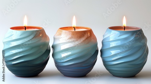 Decorative egg-shaped scented candles. Modern, natural bicolor candlelights. Romantic object with glowing light, isolated on white. Flat modern illustration. photo