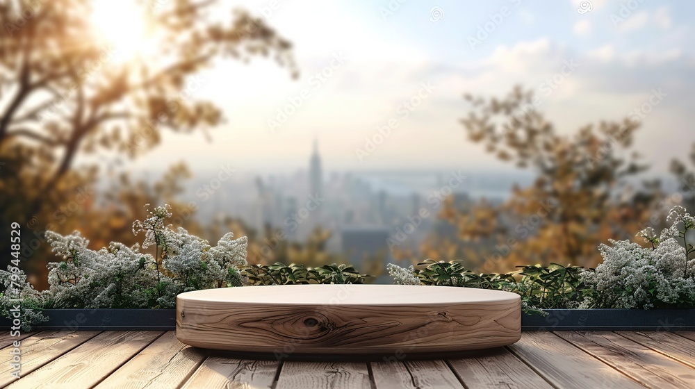 Empty wooden podium for display or product showcase with blurry background and nature scene Empty wooden podium for display or product showcase with blurry background and nature scene