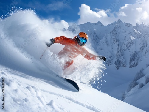 A snowboarder is riding down a mountain in the snow. The snowboarder is wearing an orange jacket and a helmet