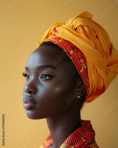Ethnic African woman on orange background. Africa day concept photo
