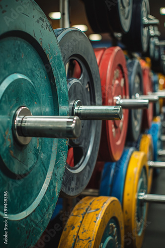 A row of colorful weights on a rack in the gym, AI