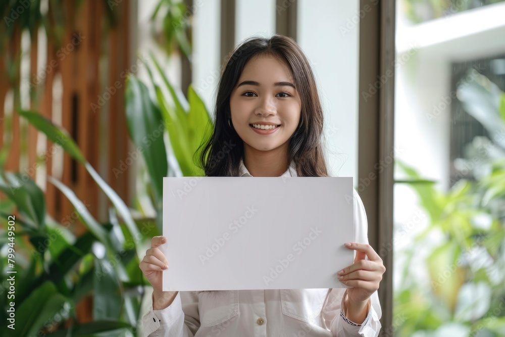 Smiling young woman holding a blank white placard, ready for custom message in a business environment Smiling young woman holding a blank white placard, ready for custom message in a business environment